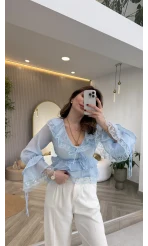 Sebastian Dantel Detay Fırfırlı Bluz - Mavi - Kod: 1075