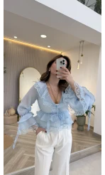 Sebastian Dantel Detay Fırfırlı Bluz - Mavi - Kod: 1075