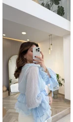 Sebastian Dantel Detay Fırfırlı Bluz - Mavi - Kod: 1075