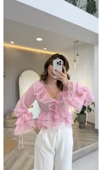 Sebastian Dantel Detay Fırfırlı Bluz - Pembe - Kod: 1075