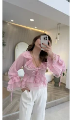 Sebastian Dantel Detay Fırfırlı Bluz - Pembe - Kod: 1075