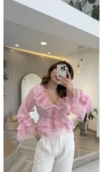 Sebastian Dantel Detay Fırfırlı Bluz - Pembe - Kod: 1075