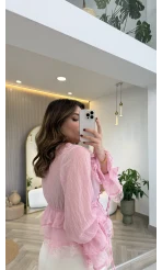 Sebastian Dantel Detay Fırfırlı Bluz - Pembe - Kod: 1075