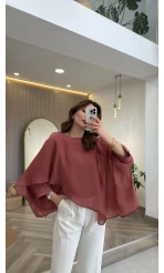 Uçuşan Pelerin Bluz - Kiremit - Kod: 5026