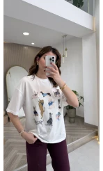 Sweet Dogs Baskılı T-shirt - Ekru - Kod: 02022