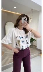 Sweet Dogs Baskılı T-shirt - Ekru - Kod: 02022