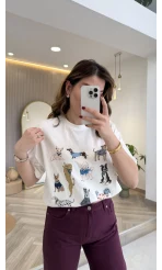 Sweet Dogs Baskılı T-shirt - Ekru - Kod: 02022