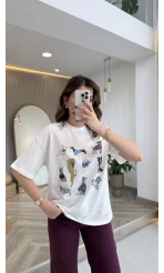 Sweet Dogs Baskılı T-shirt - Ekru - Kod: 02022