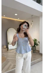 Düğmeli Bel Detaylı Sıfır Kol Bluz - Açık Mavi - Kod: 31979