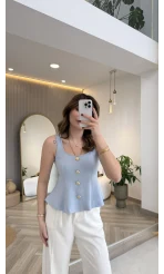 Düğmeli Bel Detaylı Sıfır Kol Bluz - Açık Mavi - Kod: 31979