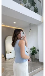 Düğmeli Bel Detaylı Sıfır Kol Bluz - Açık Mavi - Kod: 31979