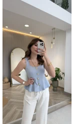 Düğmeli Bel Detaylı Sıfır Kol Bluz - Açık Mavi - Kod: 31979