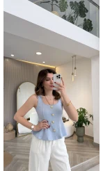 Düğmeli Bel Detaylı Sıfır Kol Bluz - Açık Mavi - Kod: 31979