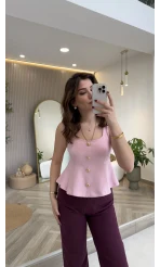 Düğmeli Bel Detaylı Sıfır Kol Bluz - Toz Pembe - Kod: 31979