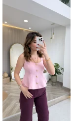 Düğmeli Bel Detaylı Sıfır Kol Bluz - Toz Pembe - Kod: 31979