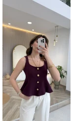 Düğmeli Bel Detaylı Sıfır Kol Bluz - Mor - Kod: 31979