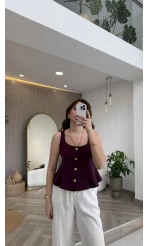 Düğmeli Bel Detaylı Sıfır Kol Bluz - Mor - Kod: 31979