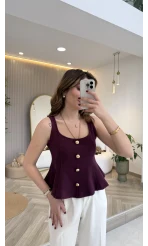 Düğmeli Bel Detaylı Sıfır Kol Bluz - Mor - Kod: 31979