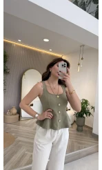 Düğmeli Bel Detaylı Sıfır Kol Bluz - Çağla - Kod: 31979