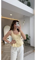 Düğmeli Bel Detaylı Sıfır Kol Bluz - Sarı - Kod: 31979