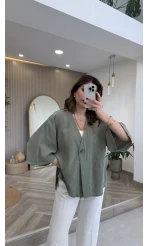 Önü Düğmeli Modal Gömlek - Çağla Yeşili - Kod: 4961