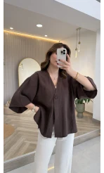 Önü Düğmeli Modal Gömlek - Koyu Kahve - Kod: 4961