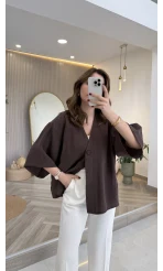 Önü Düğmeli Modal Gömlek - Koyu Kahve - Kod: 4961