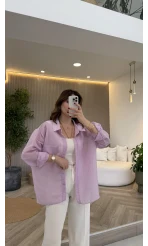 İnce Tek Cepli Çizgili Gömlek - Lila - Kod: 5449