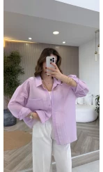 İnce Tek Cepli Çizgili Gömlek - Lila - Kod: 5449