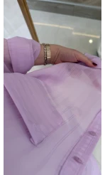 İnce Tek Cepli Çizgili Gömlek - Lila - Kod: 5449