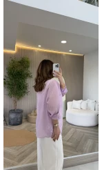 İnce Tek Cepli Çizgili Gömlek - Lila - Kod: 5449