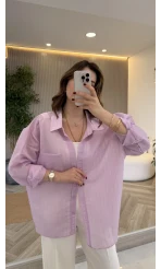 İnce Tek Cepli Çizgili Gömlek - Lila - Kod: 5449