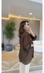 İnce Tek Cepli Çizgili Gömlek - Kahve - Kod: 5449