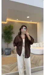 İnce Tek Cepli Çizgili Gömlek - Kahve - Kod: 5449