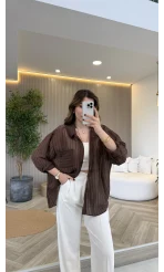 İnce Tek Cepli Çizgili Gömlek - Kahve - Kod: 5449