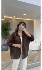 İnce Tek Cepli Çizgili Gömlek - Kahve - Kod: 5449