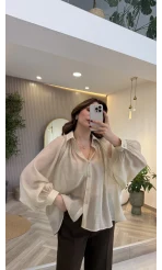 Gipeli Reglan Kol Oversize Gömlek - Taş - Kod: 5018