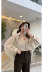 Gipeli Reglan Kol Oversize Gömlek - Taş - Kod: 5018