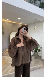 Gipeli Reglan Kol Oversize Gömlek - Kahve - Kod: 5018