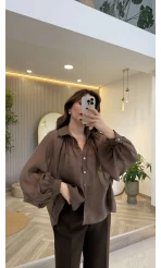 Gipeli Reglan Kol Oversize Gömlek - Kahve - Kod: 5018