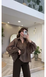 Gipeli Reglan Kol Oversize Gömlek - Kahve - Kod: 5018