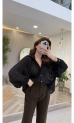 Gipeli Reglan Kol Oversize Gömlek - Siyah - Kod: 5018