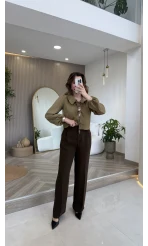 Kumaş Palazzo Pantolon - Kahve - Kod: 3879