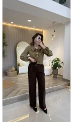 Kumaş Palazzo Pantolon - Kahve - Kod: 3879