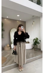 Pamuk Kumaş Beli Gipeli Puantiye Desenli Etek - Bej - Kod: 4072