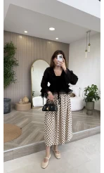 Pamuk Kumaş Beli Gipeli Puantiye Desenli Etek - Bej - Kod: 4072