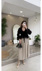 Pamuk Kumaş Beli Gipeli Puantiye Desenli Etek - Bej - Kod: 4072