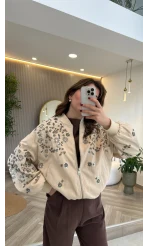 Premium Taş Pul Detaylı Pamuklu Ceket - Taş - Kod: 99927