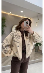 Premium Taş Pul Detaylı Pamuklu Ceket - Taş - Kod: 99927