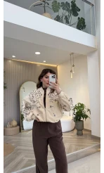 Premium Taş Pul Detaylı Pamuklu Ceket - Taş - Kod: 99927